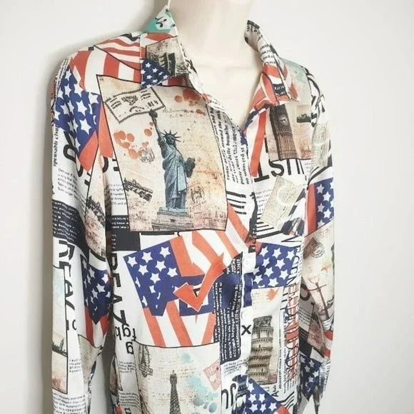 Art to Wear Newpaper Print USA England London Collage Print Button Up Top - Picture 2 of 5